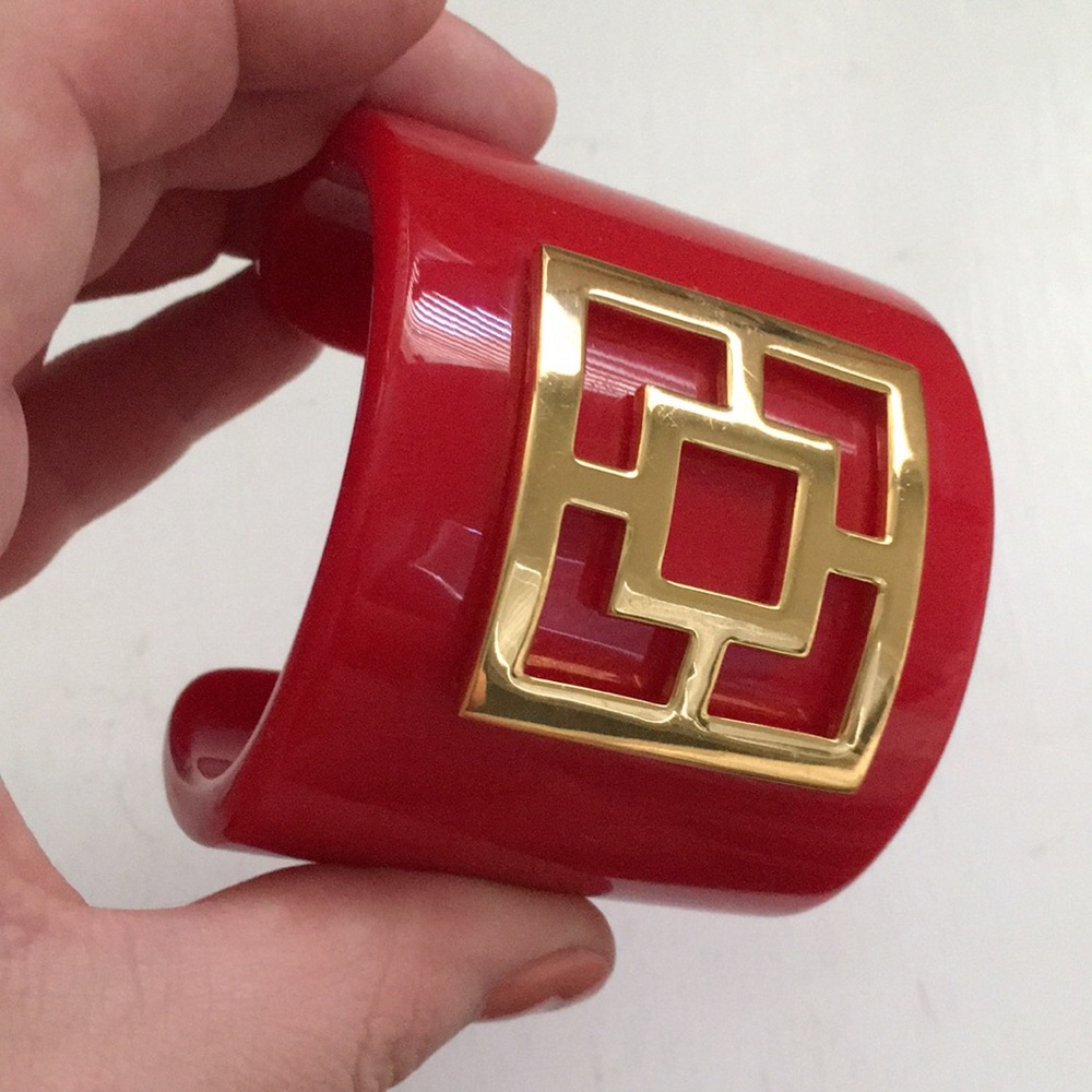 Red Trina Turk Acrylic Cuff with Gold Emblem